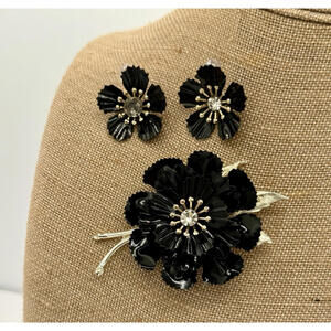 CORO Signed Set Crystal Enamel Flower Black & Gold Toned Brooch & Clip Earrings